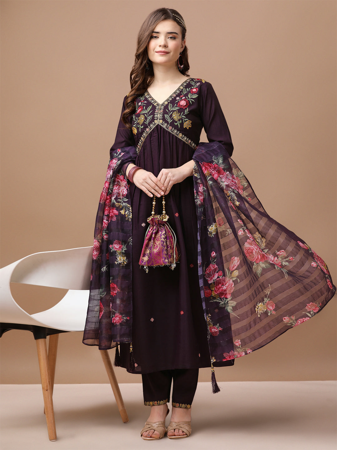 Alia Cut Hand Embroidered Kurta With Pant & Dupatta Premium, Multicolor - Hiral Fashion