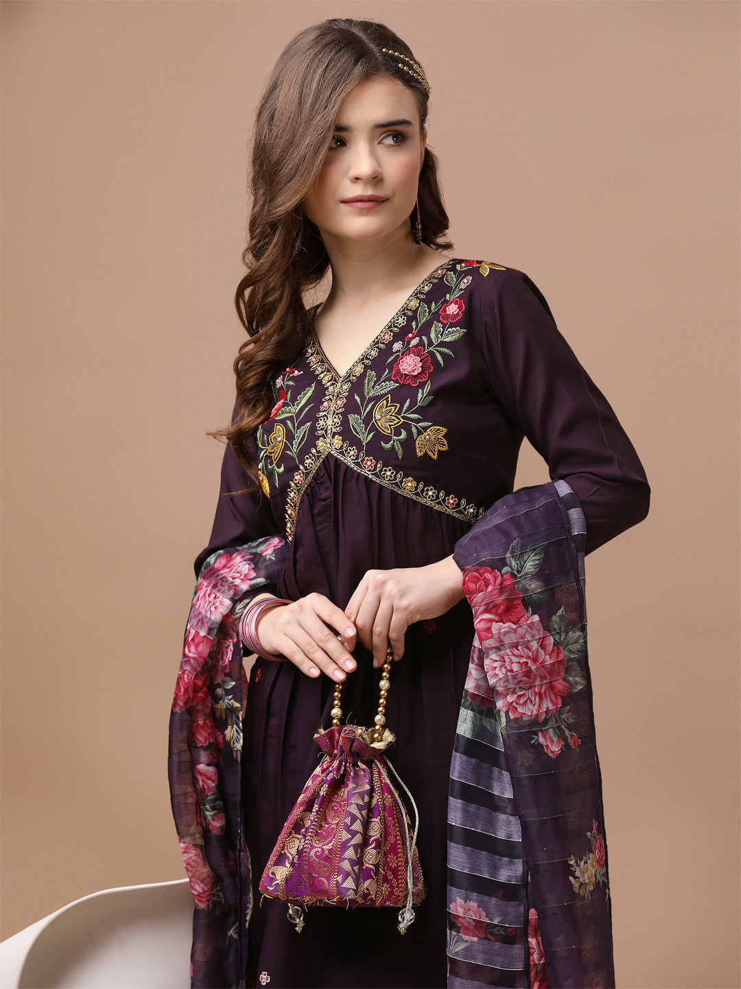 Alia Cut Hand Embroidered Kurta With Pant & Dupatta Premium, Multicolor - Hiral Fashion