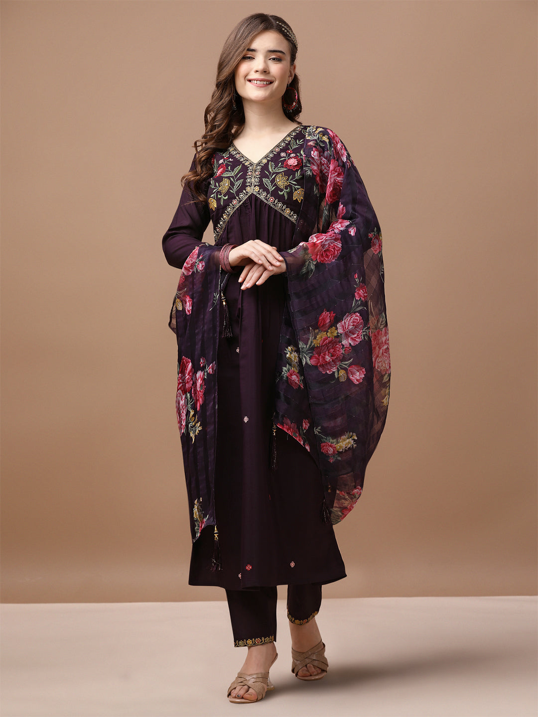 Alia Cut Hand Embroidered Kurta With Pant & Dupatta Premium, Multicolor - Hiral Fashion