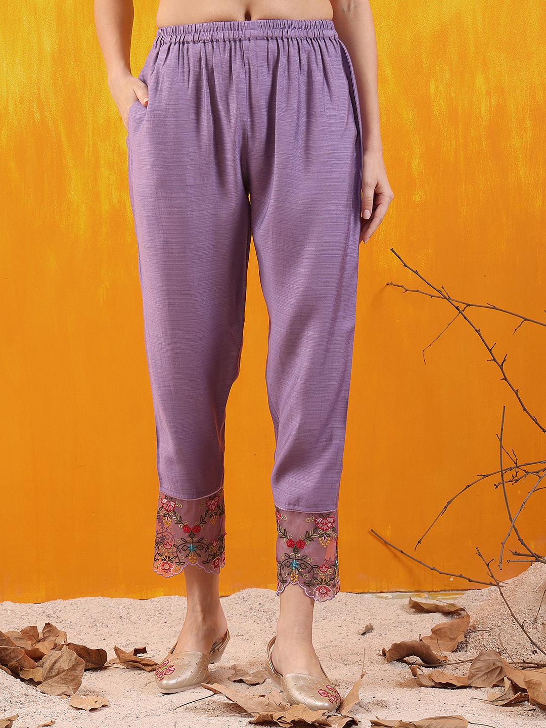 Applique Embroidered Kurta With Pant & Printed Dupatta, Lavender - Hiral Fashion