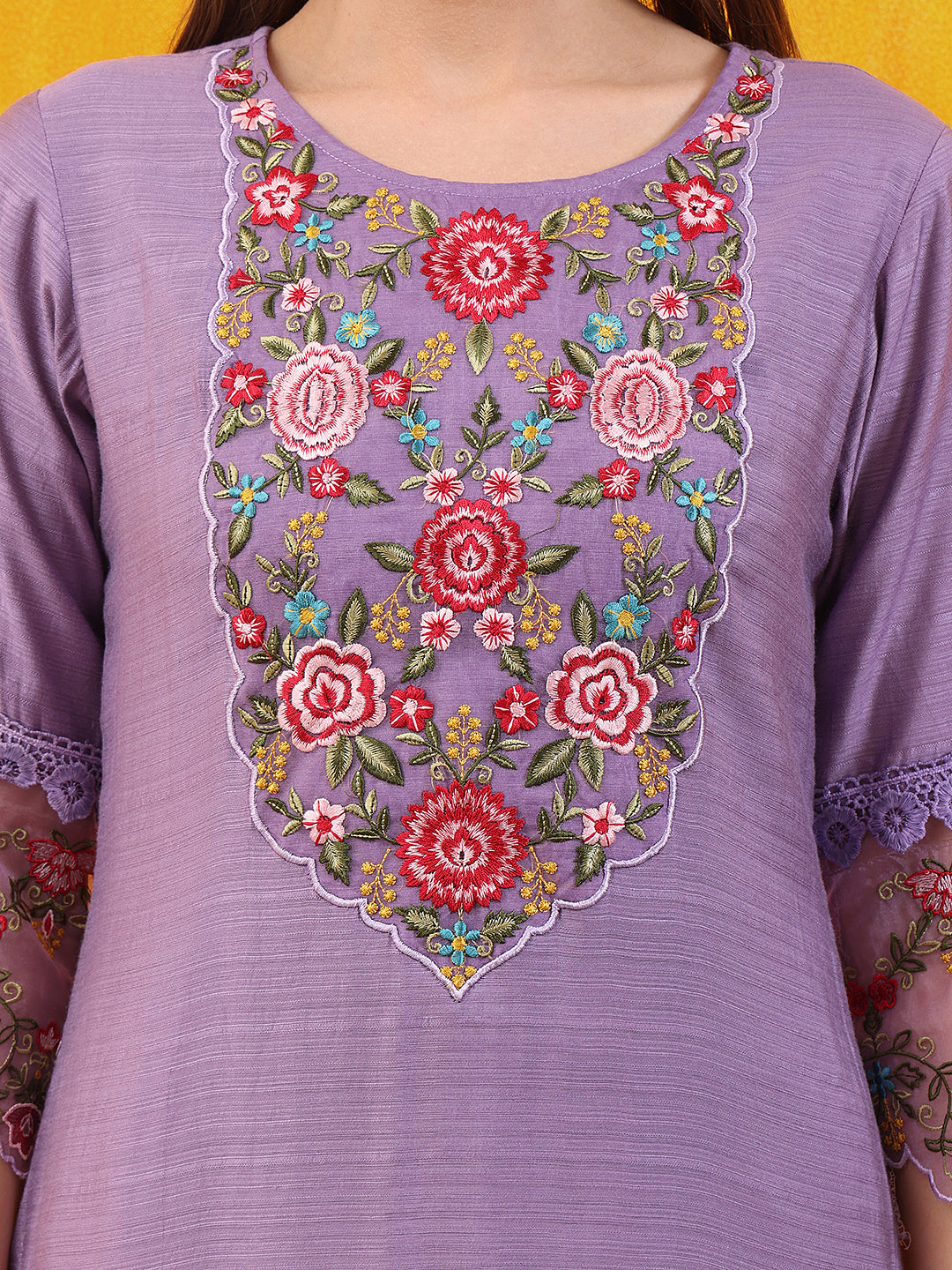 Applique Embroidered Kurta With Pant & Printed Dupatta, Lavender - Hiral Fashion