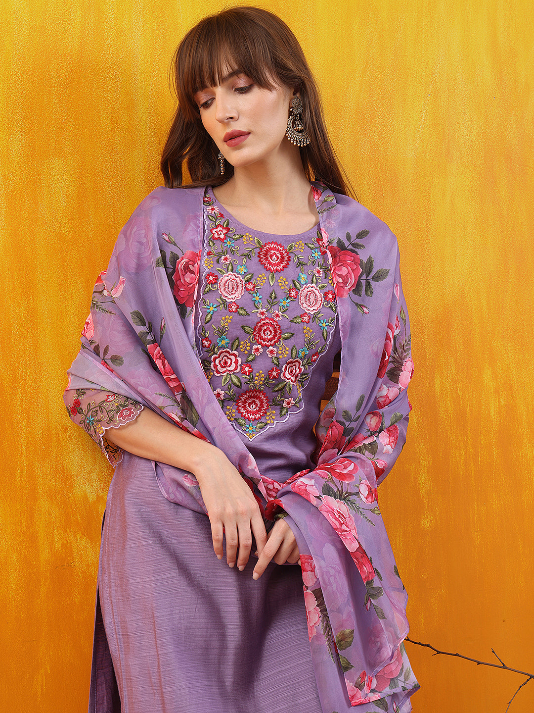 Applique Embroidered Kurta With Pant & Printed Dupatta, Lavender - Hiral Fashion