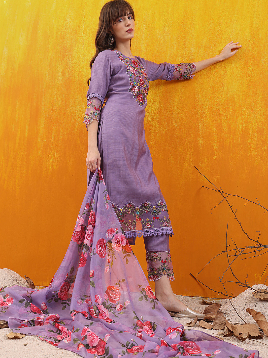 Applique Embroidered Kurta With Pant & Printed Dupatta, Lavender - Hiral Fashion