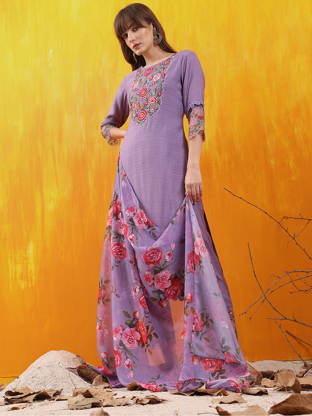 Applique Embroidered Kurta With Pant & Printed Dupatta, Lavender - Hiral Fashion