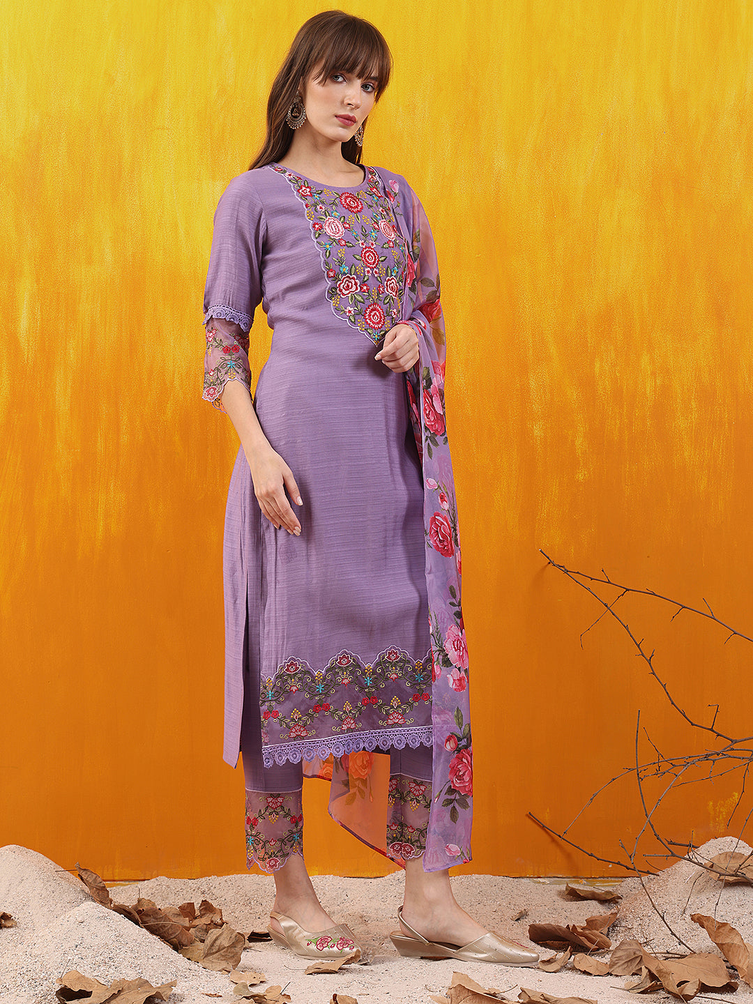 Applique Embroidered Kurta With Pant & Printed Dupatta, Lavender - Hiral Fashion