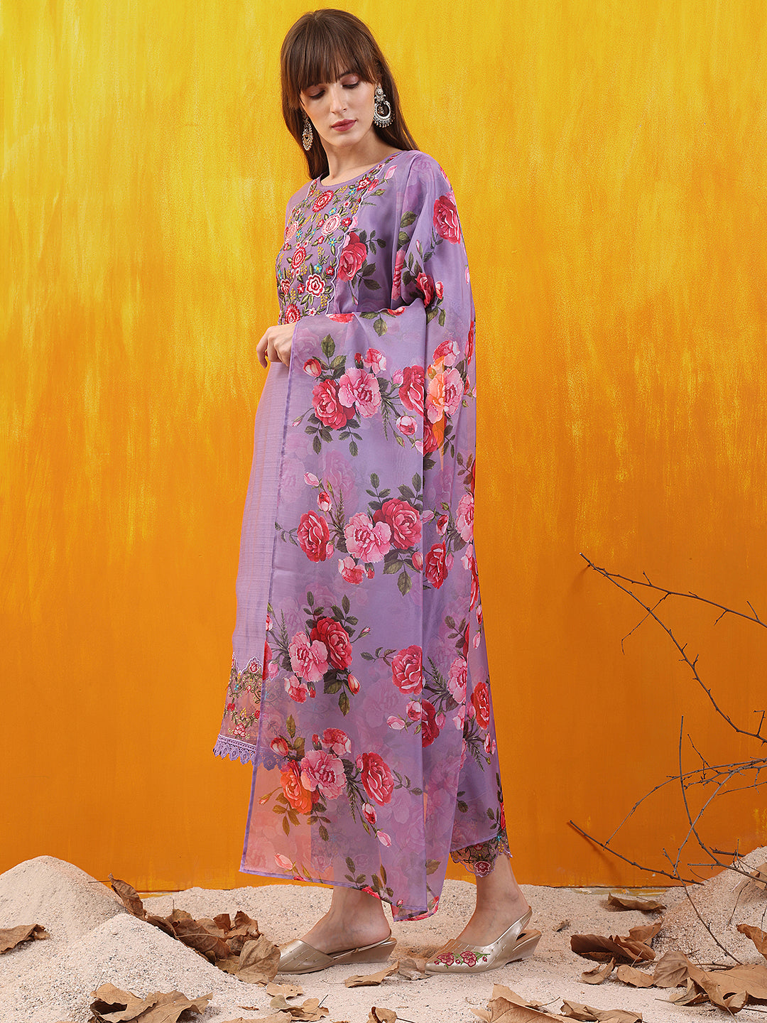 Applique Embroidered Kurta With Pant & Printed Dupatta, Lavender - Hiral Fashion