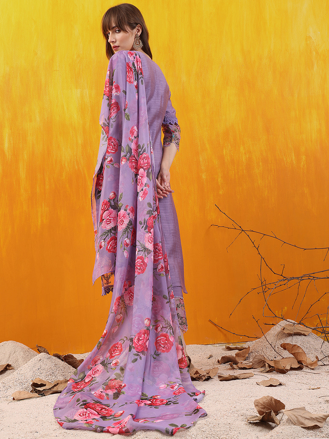 Applique Embroidered Kurta With Pant & Printed Dupatta, Lavender - Hiral Fashion