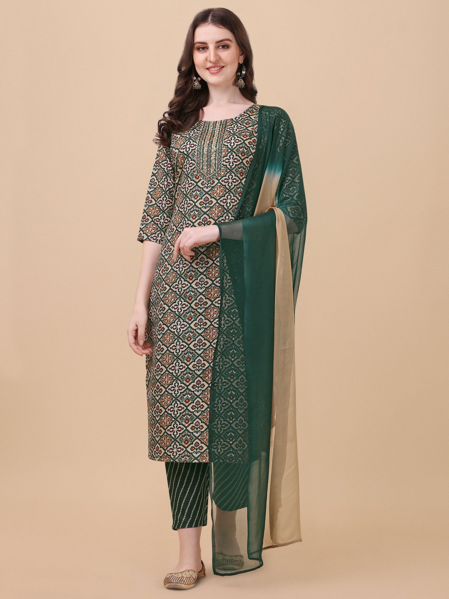 Berrylicious Womens Cotton Green Kurta With Pant And Dupatta Set., Multicolor - Hiral Fashion