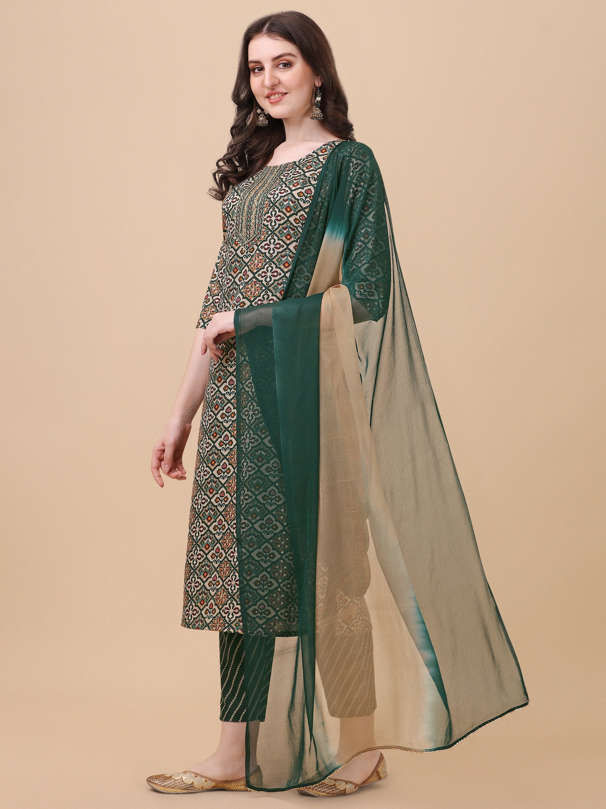 Berrylicious Womens Cotton Green Kurta With Pant And Dupatta Set., Multicolor - Hiral Fashion