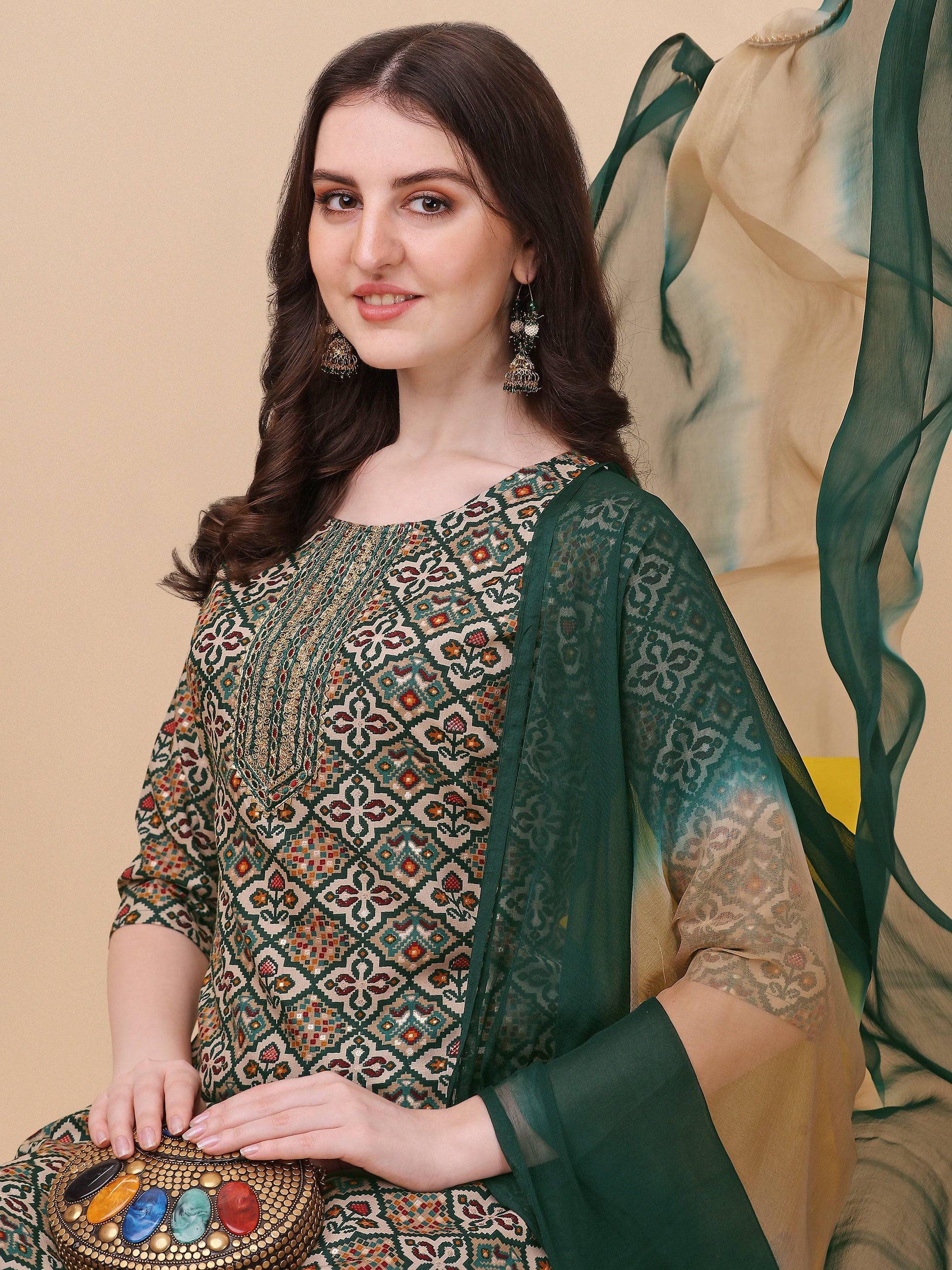 Berrylicious Womens Cotton Green Kurta With Pant And Dupatta Set., Multicolor - Hiral Fashion