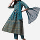 Anarkali Printed Kurta With Pant & Dupatta Set, Multicolor - Hiral Fashion