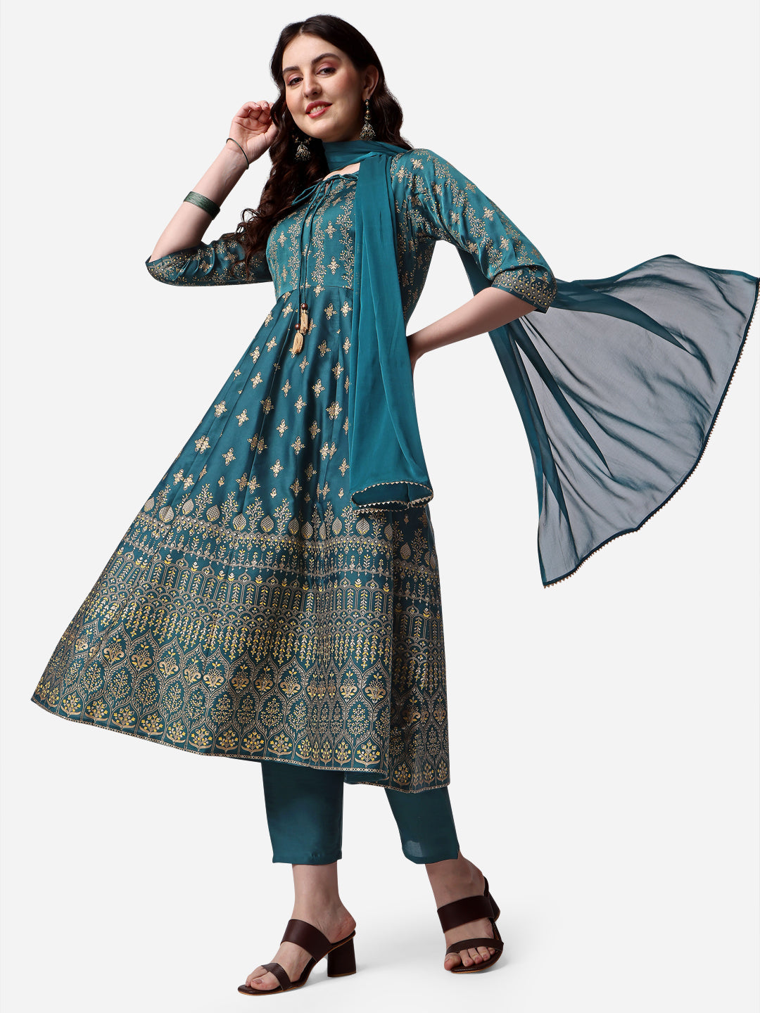 Anarkali Printed Kurta With Pant & Dupatta Set, Multicolor - Hiral Fashion