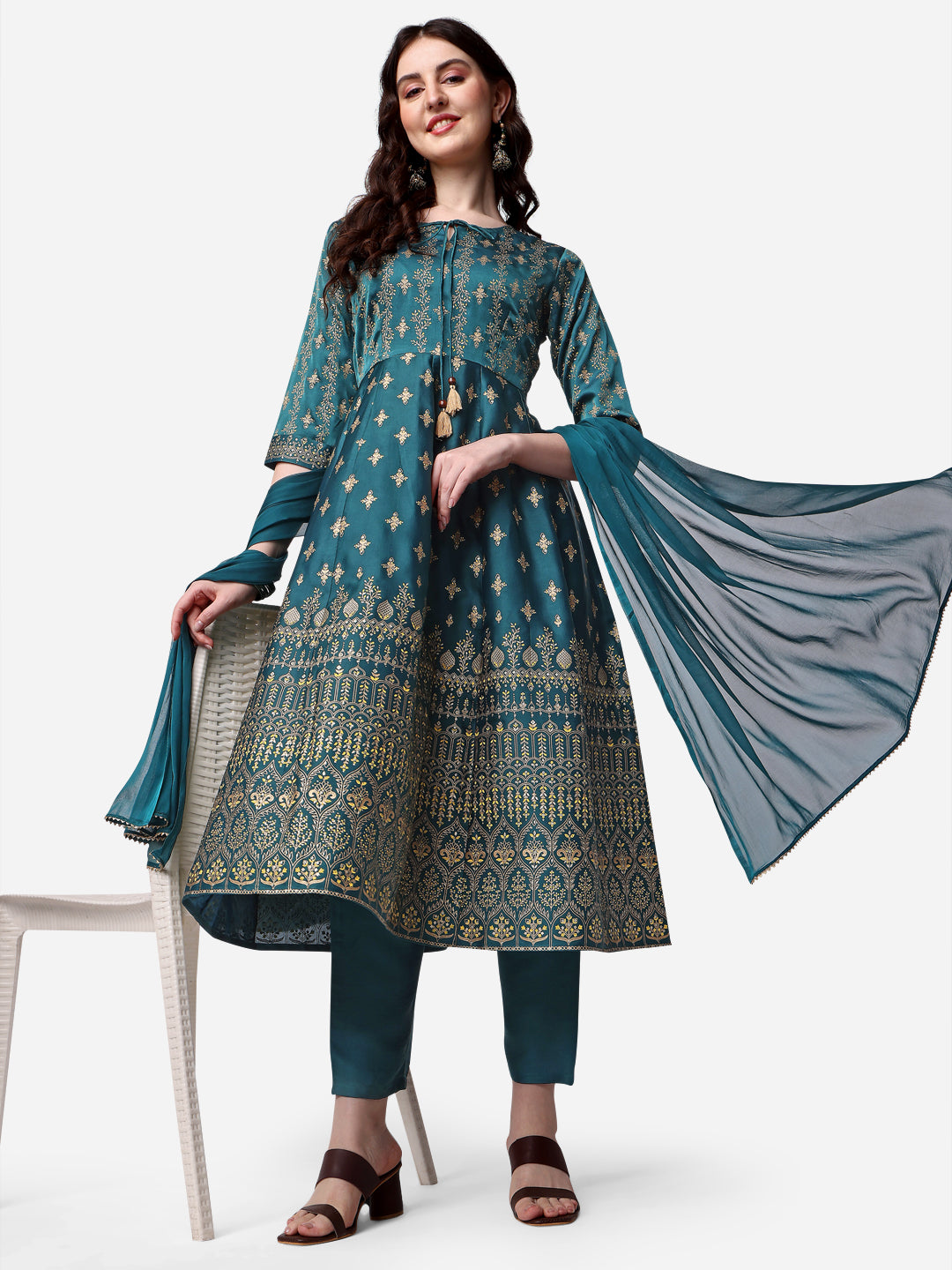 Anarkali Printed Kurta With Pant & Dupatta Set, Multicolor - Hiral Fashion