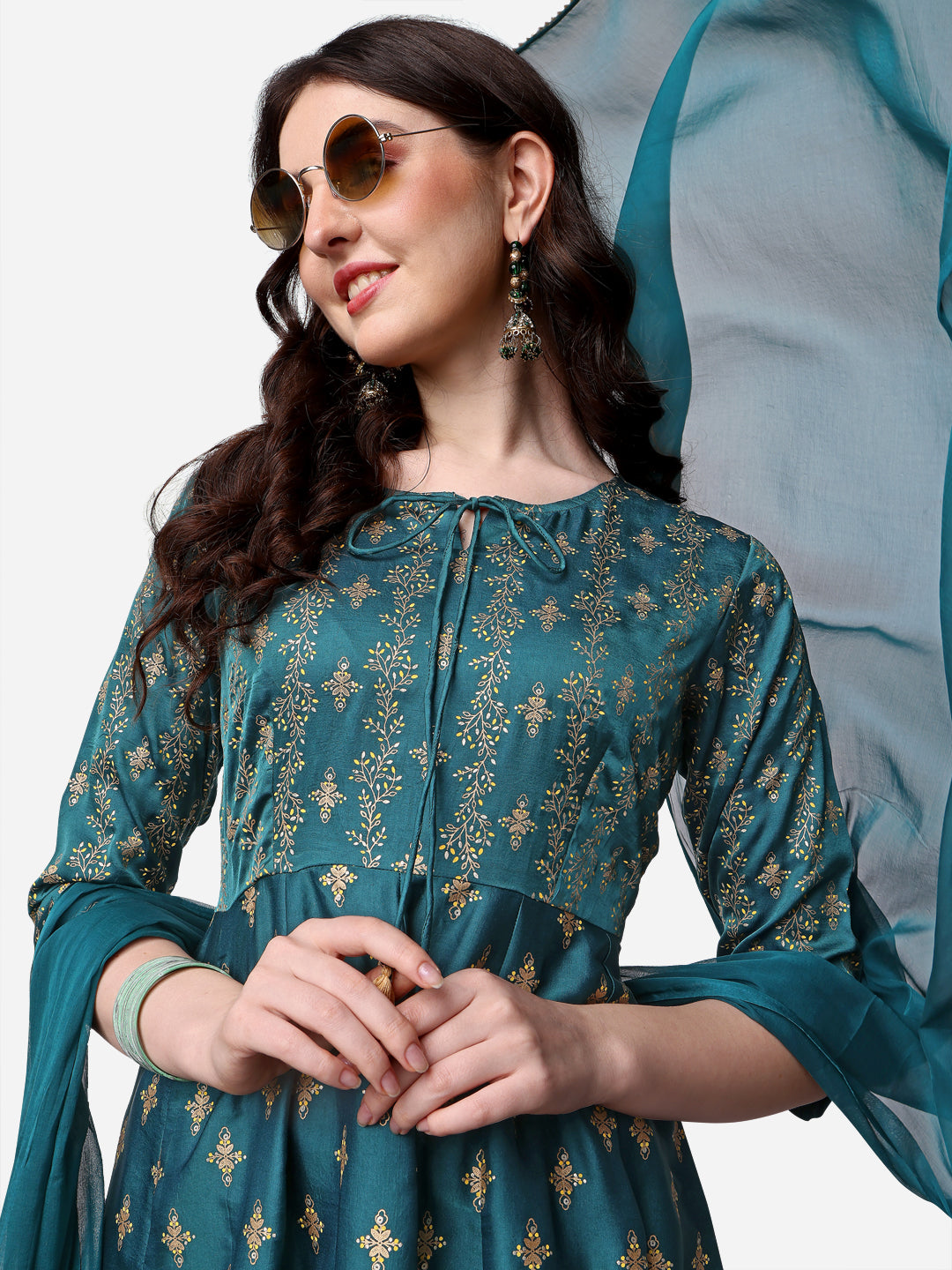 Anarkali Printed Kurta With Pant & Dupatta Set, Multicolor - Hiral Fashion