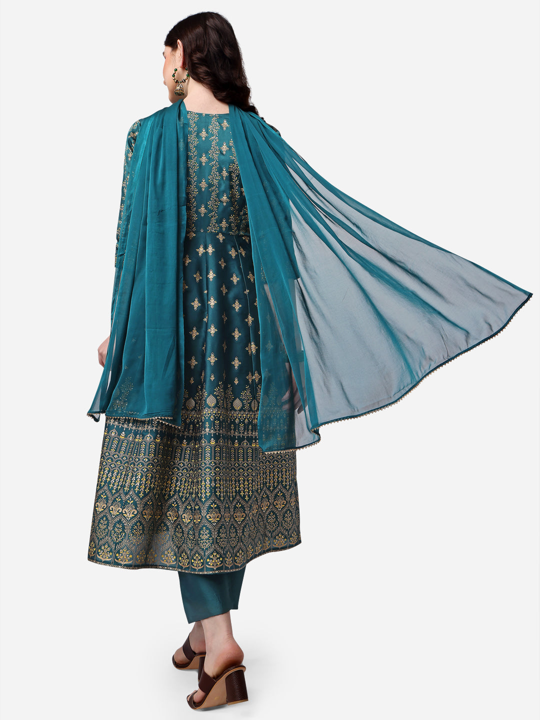 Anarkali Printed Kurta With Pant & Dupatta Set, Multicolor - Hiral Fashion
