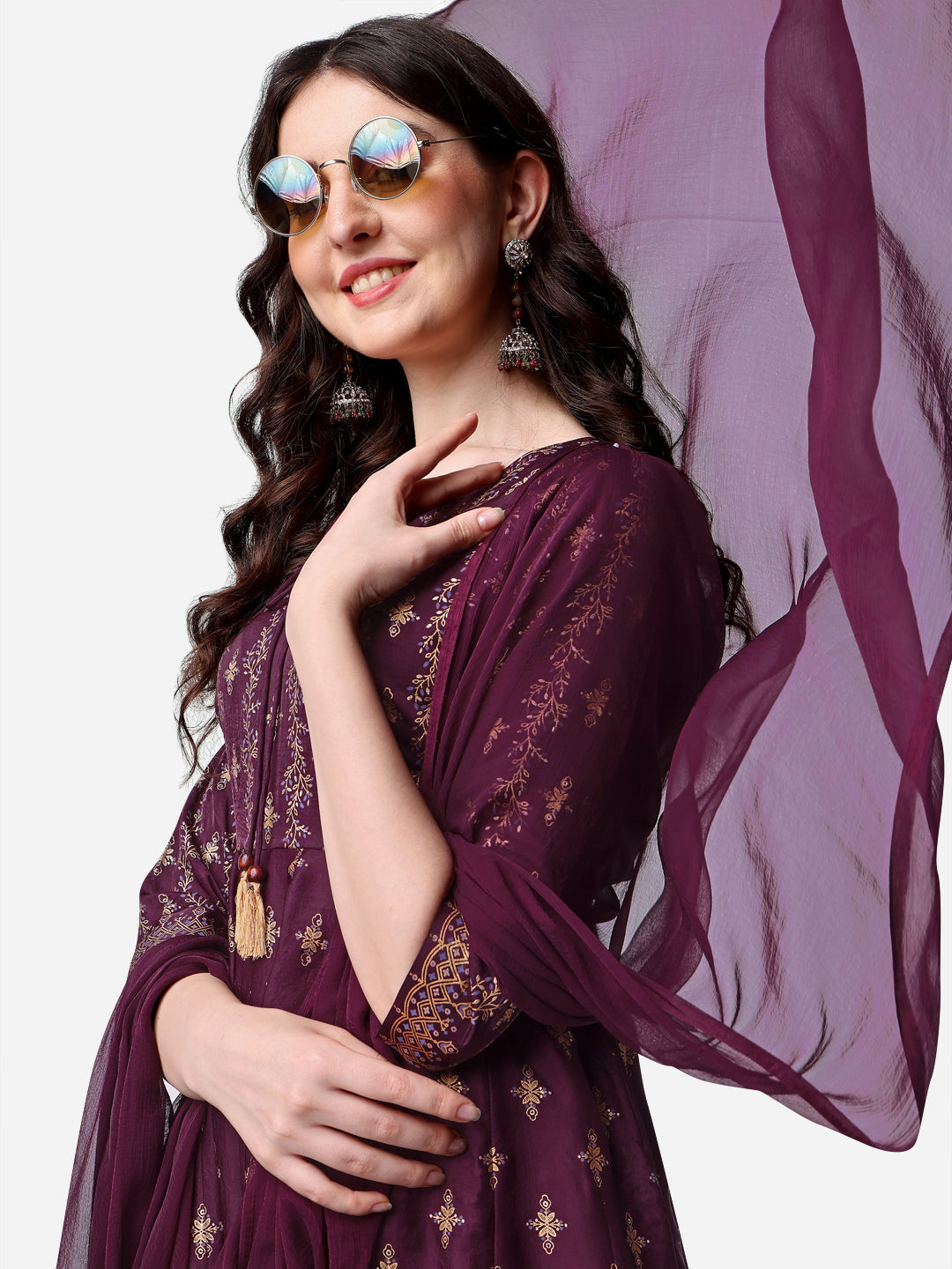 Anarkali Printed Kurta With Pant & Dupatta Set, Multicolor - Hiral Fashion