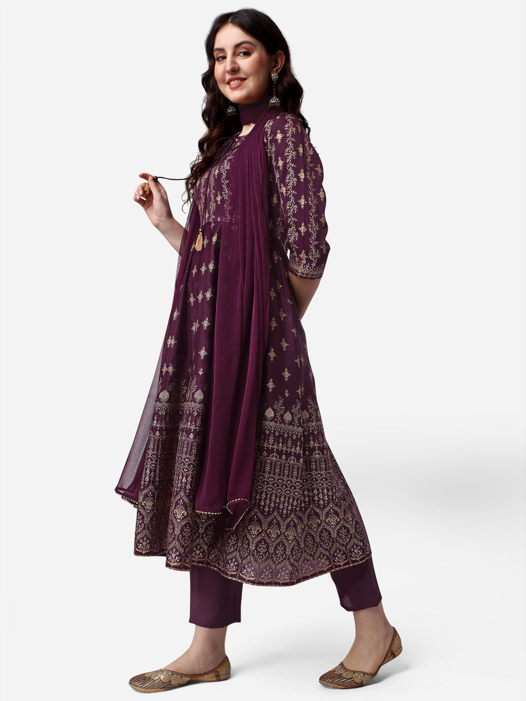 Anarkali Printed Kurta With Pant & Dupatta Set, Multicolor - Hiral Fashion