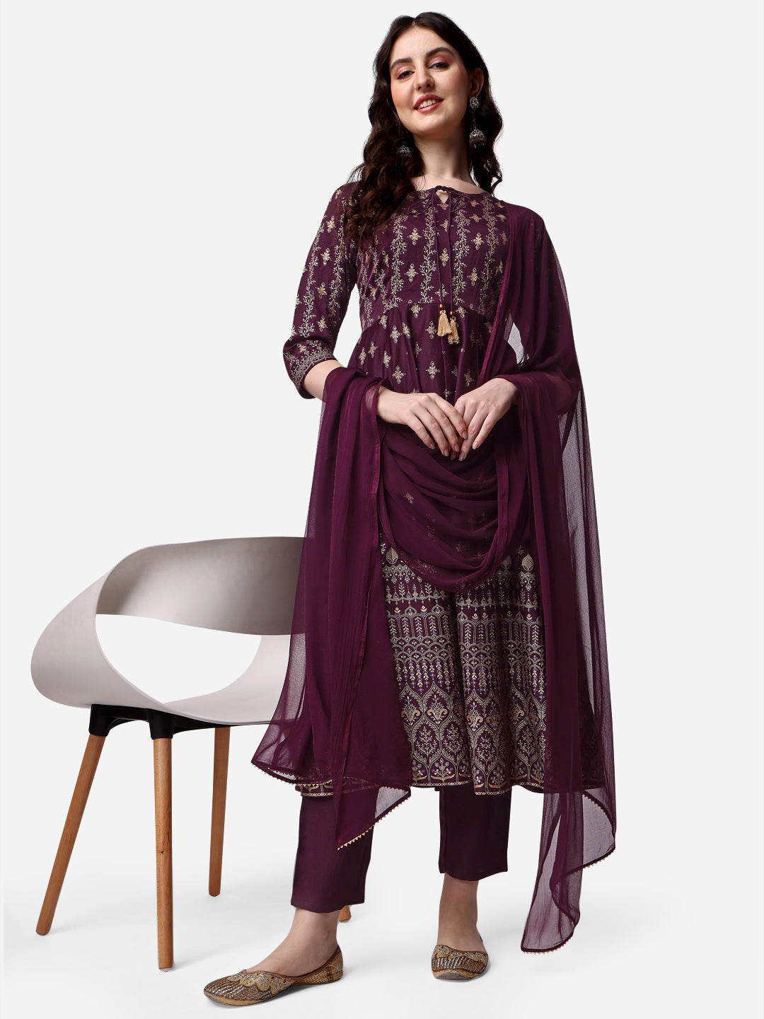 Anarkali Printed Kurta With Pant & Dupatta Set, Multicolor - Hiral Fashion