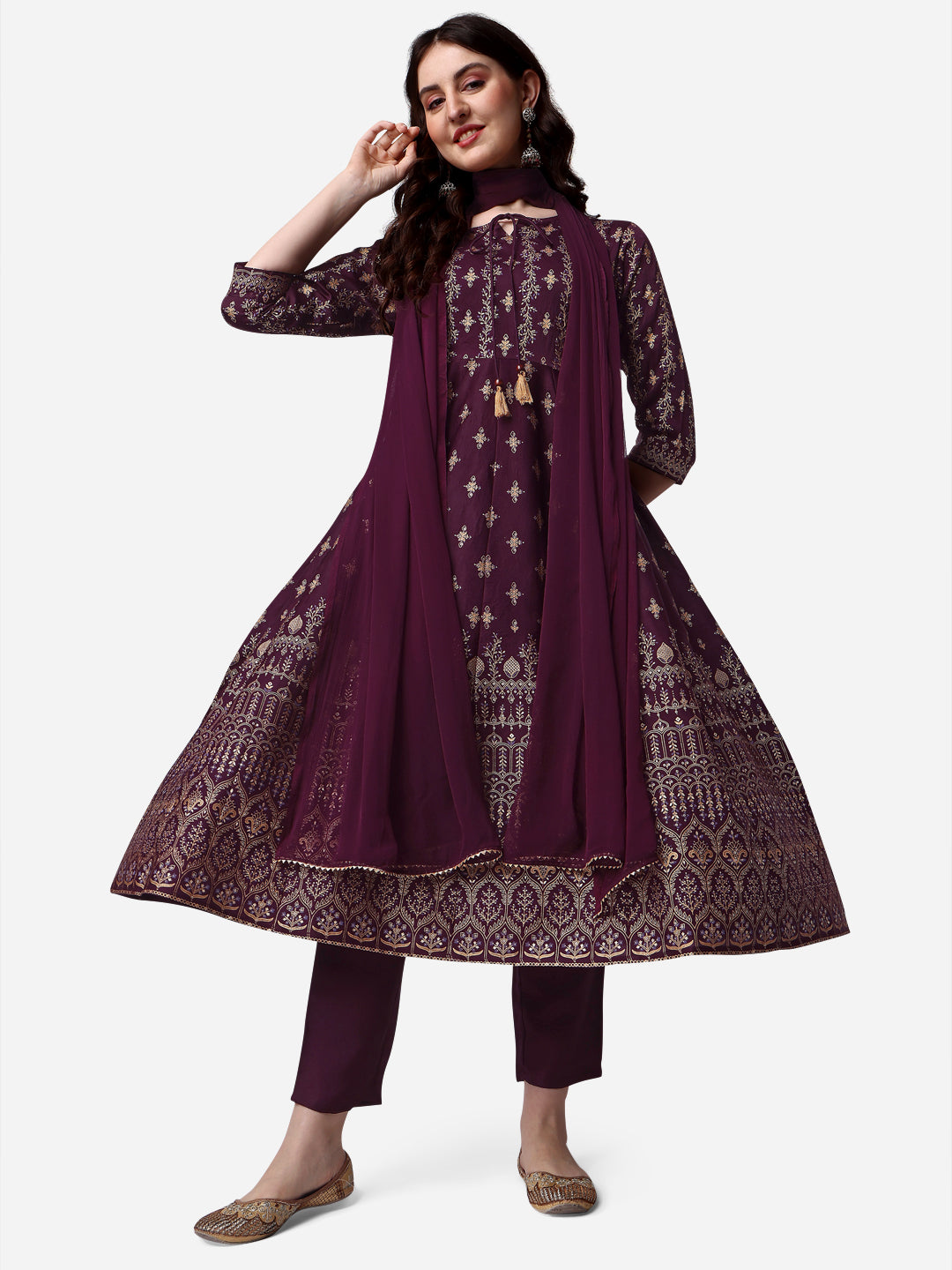 Anarkali Printed Kurta With Pant & Dupatta Set, Multicolor - Hiral Fashion