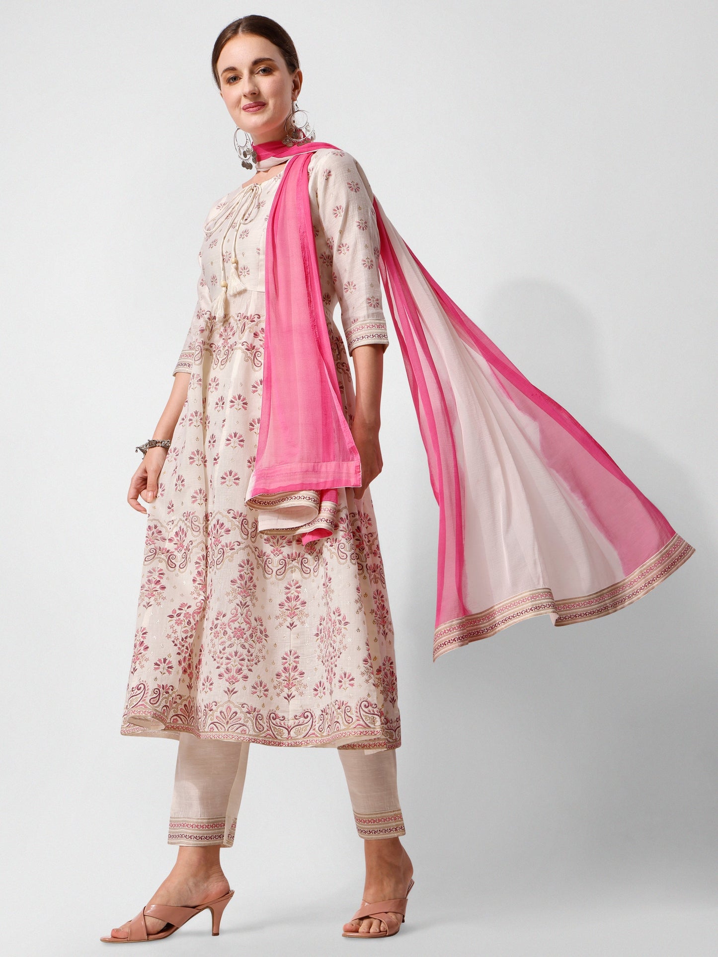 Anarkali Printed Kurta Suit With Pant And Dupatta Set, Multicolor - Hiral Fashion