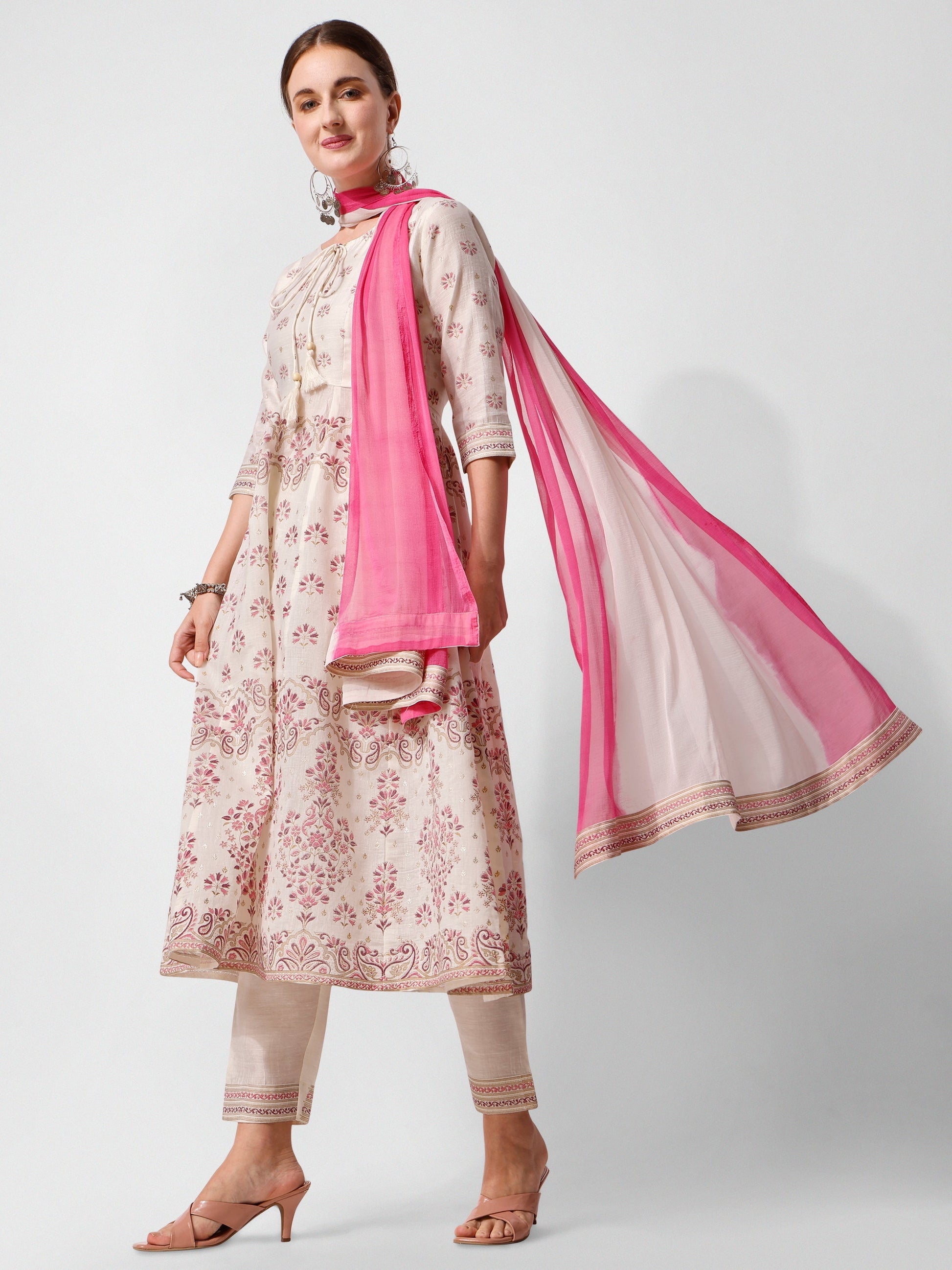 Anarkali Printed Kurta Suit With Pant And Dupatta Set, Multicolor - Hiral Fashion