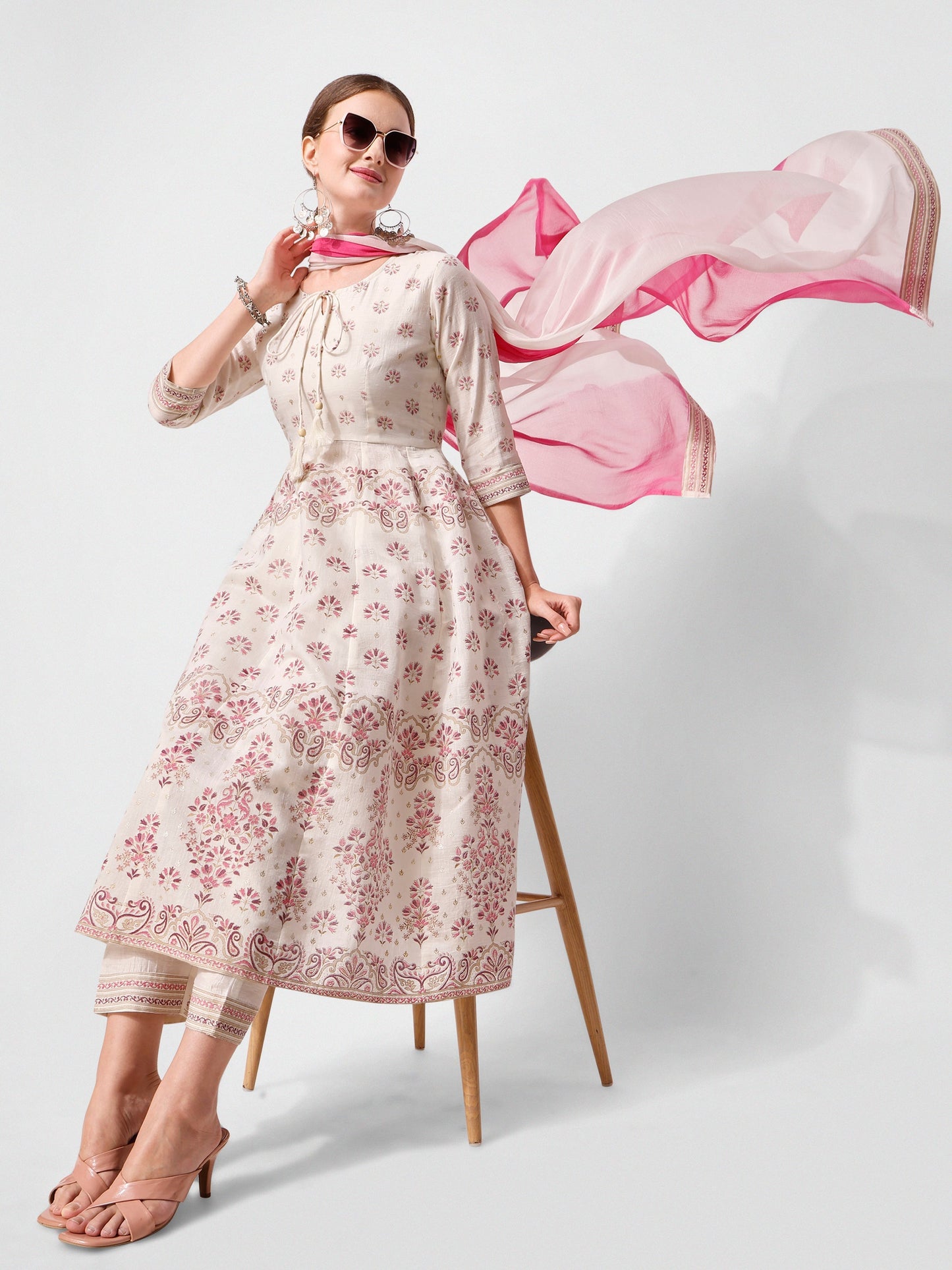 Anarkali Printed Kurta Suit With Pant And Dupatta Set, Multicolor - Hiral Fashion