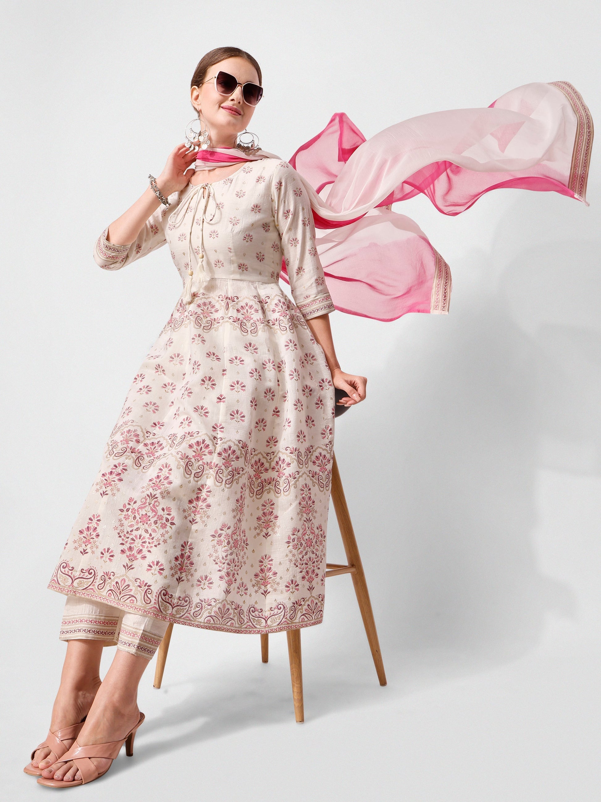 Anarkali Printed Kurta Suit With Pant And Dupatta Set, Multicolor - Hiral Fashion