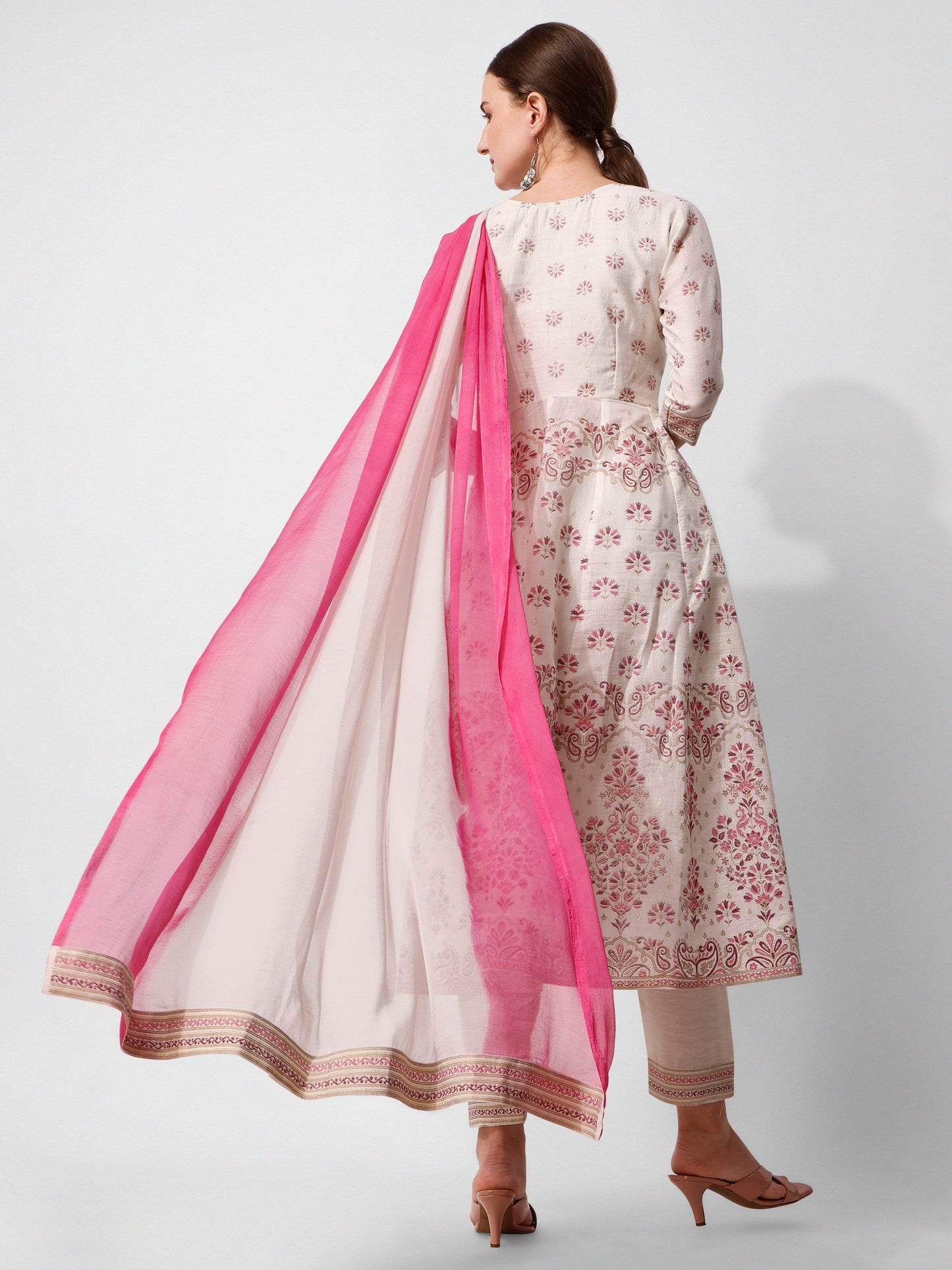 Anarkali Printed Kurta Suit With Pant And Dupatta Set, Multicolor - Hiral Fashion