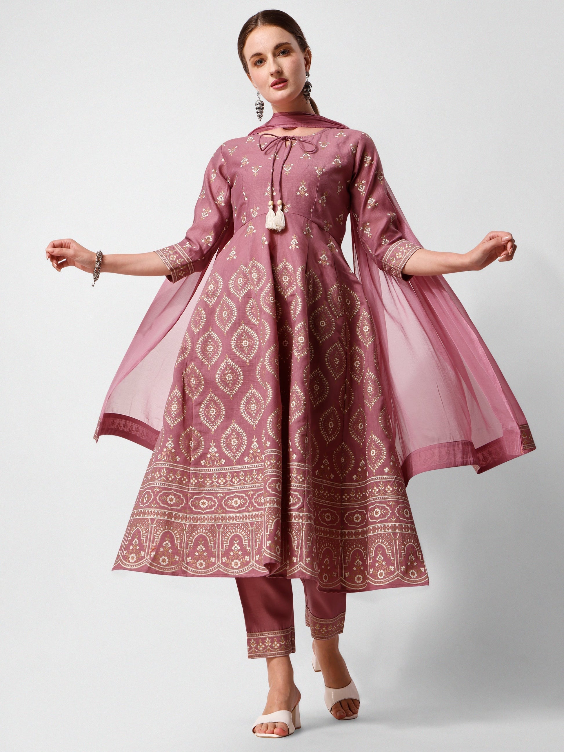 Anarkali Printed Kurta Suit With Pant And Dupatta Set, Multicolor - Hiral Fashion