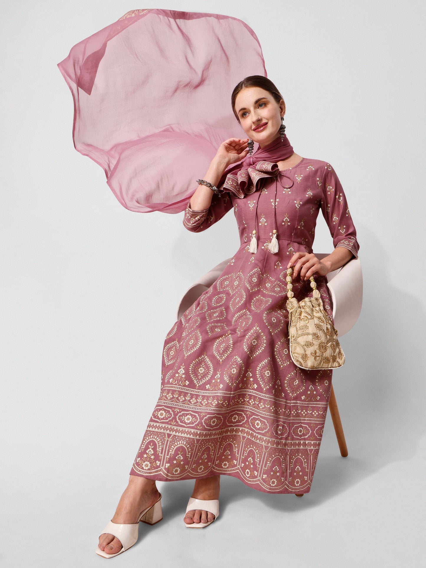 Anarkali Printed Kurta Suit With Pant And Dupatta Set, Multicolor - Hiral Fashion