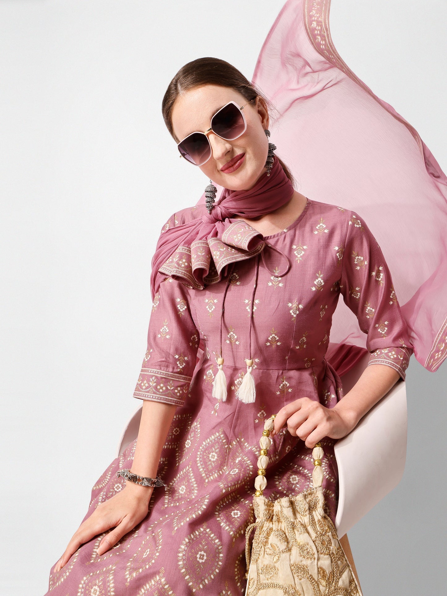 Anarkali Printed Kurta Suit With Pant And Dupatta Set, Multicolor - Hiral Fashion