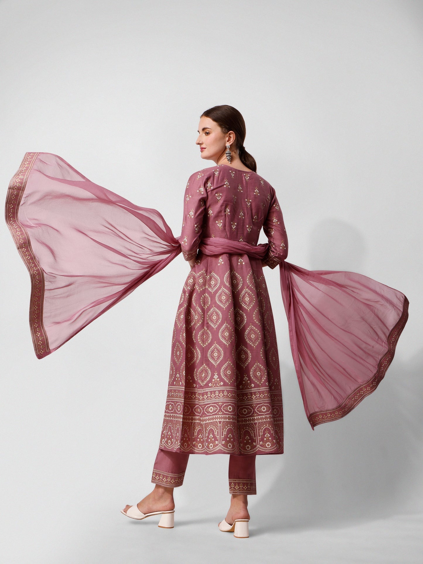 Anarkali Printed Kurta Suit With Pant And Dupatta Set, Multicolor - Hiral Fashion