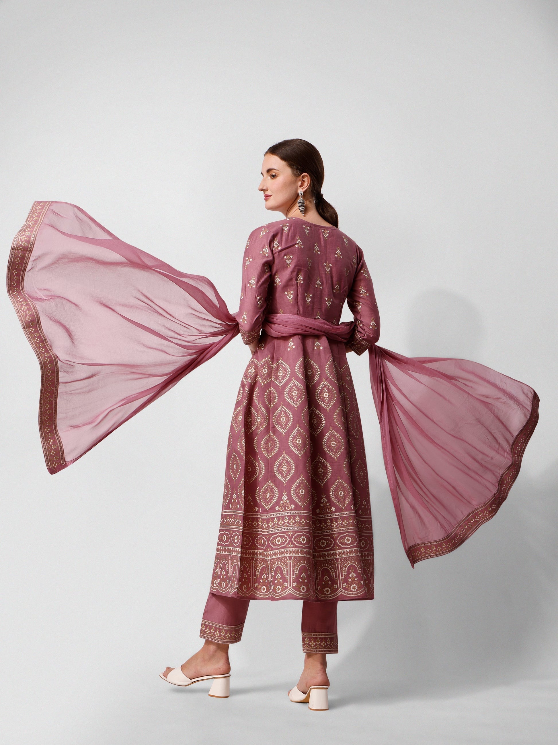 Anarkali Printed Kurta Suit With Pant And Dupatta Set, Multicolor - Hiral Fashion