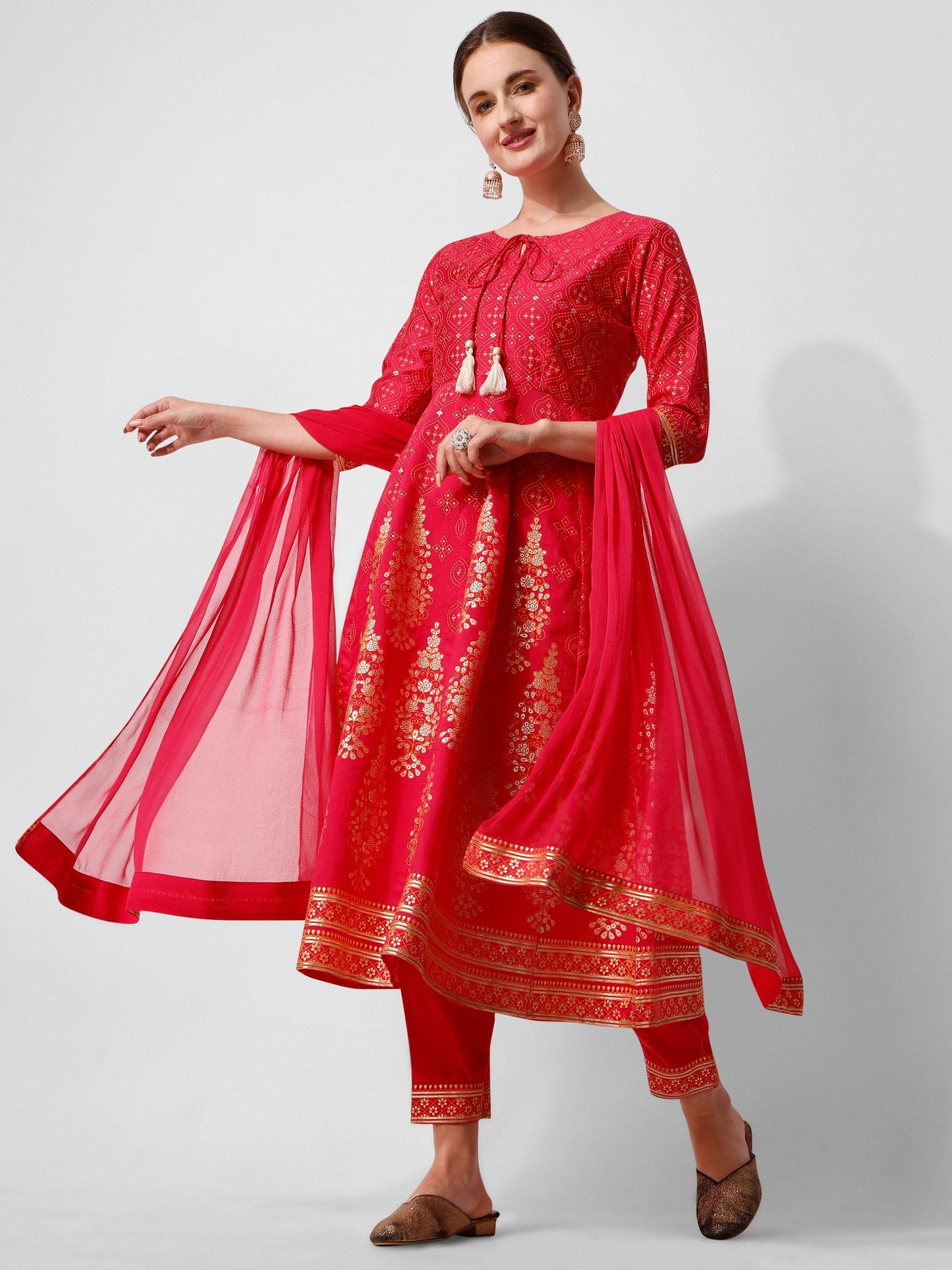 Anarkali Hot Printed Kurta Suit With Pant And Dupatta Set, Multicolor - Hiral Fashion
