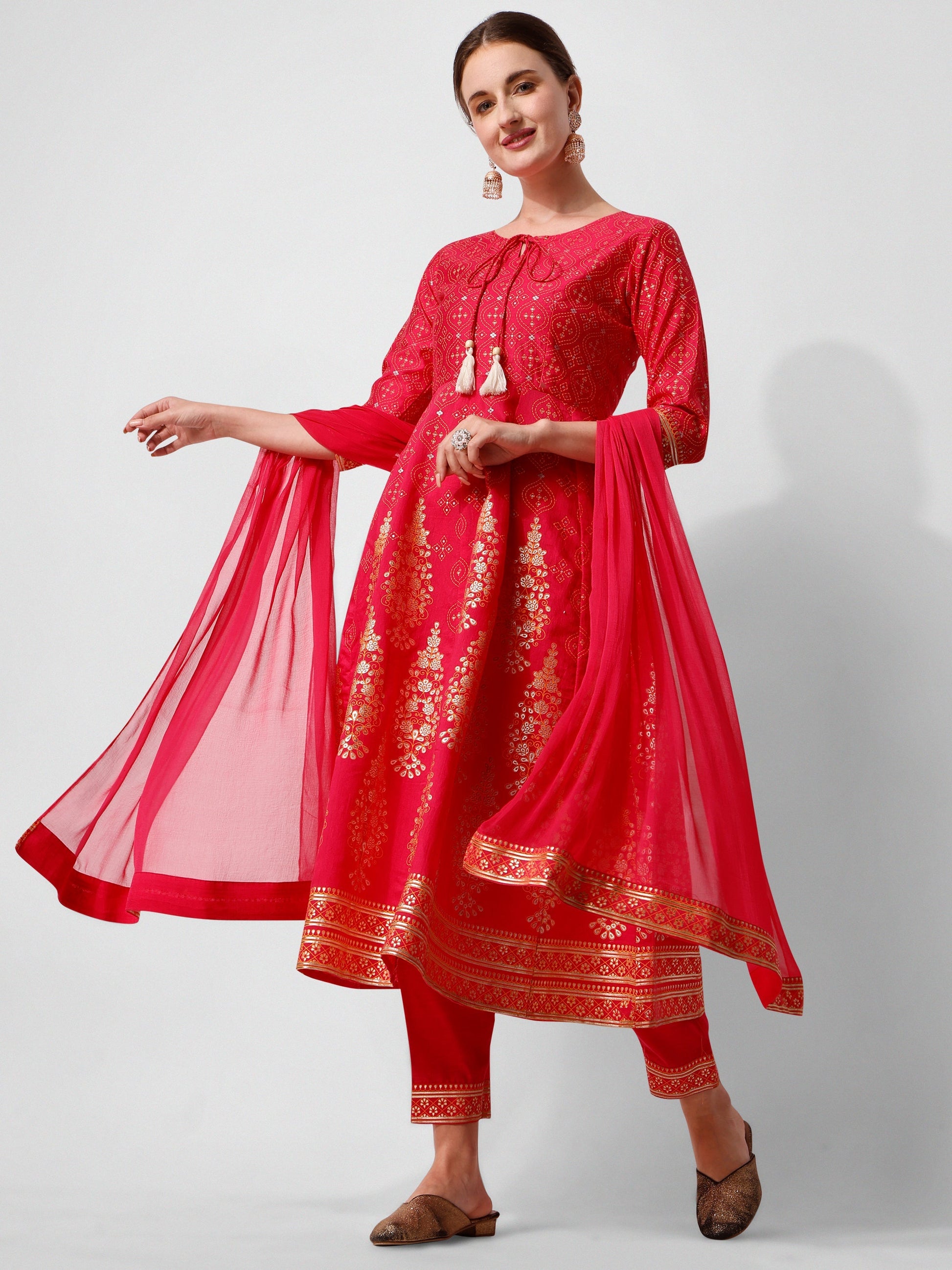 Anarkali Hot Printed Kurta Suit With Pant And Dupatta Set, Multicolor - Hiral Fashion