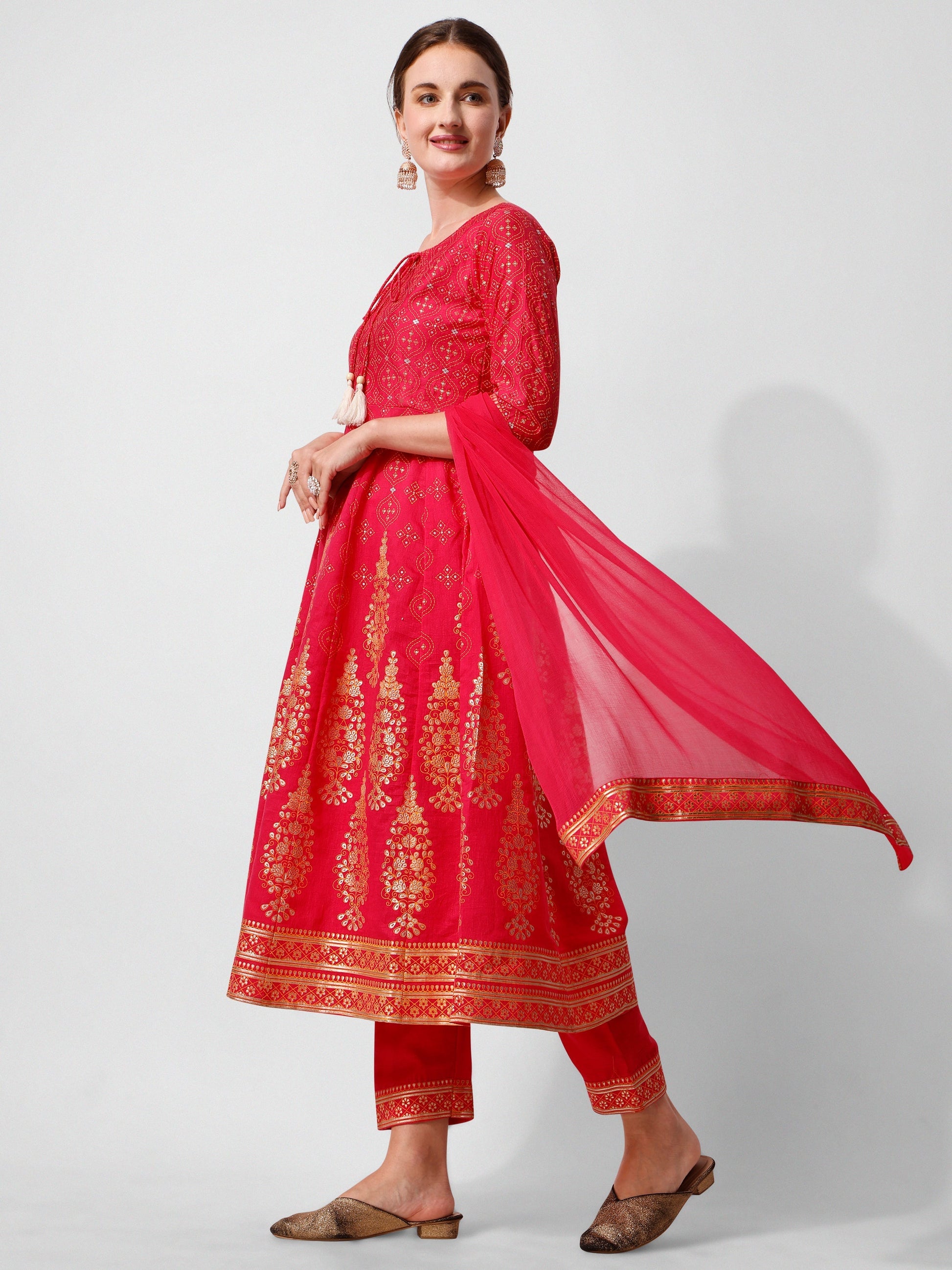 Anarkali Hot Printed Kurta Suit With Pant And Dupatta Set, Multicolor - Hiral Fashion