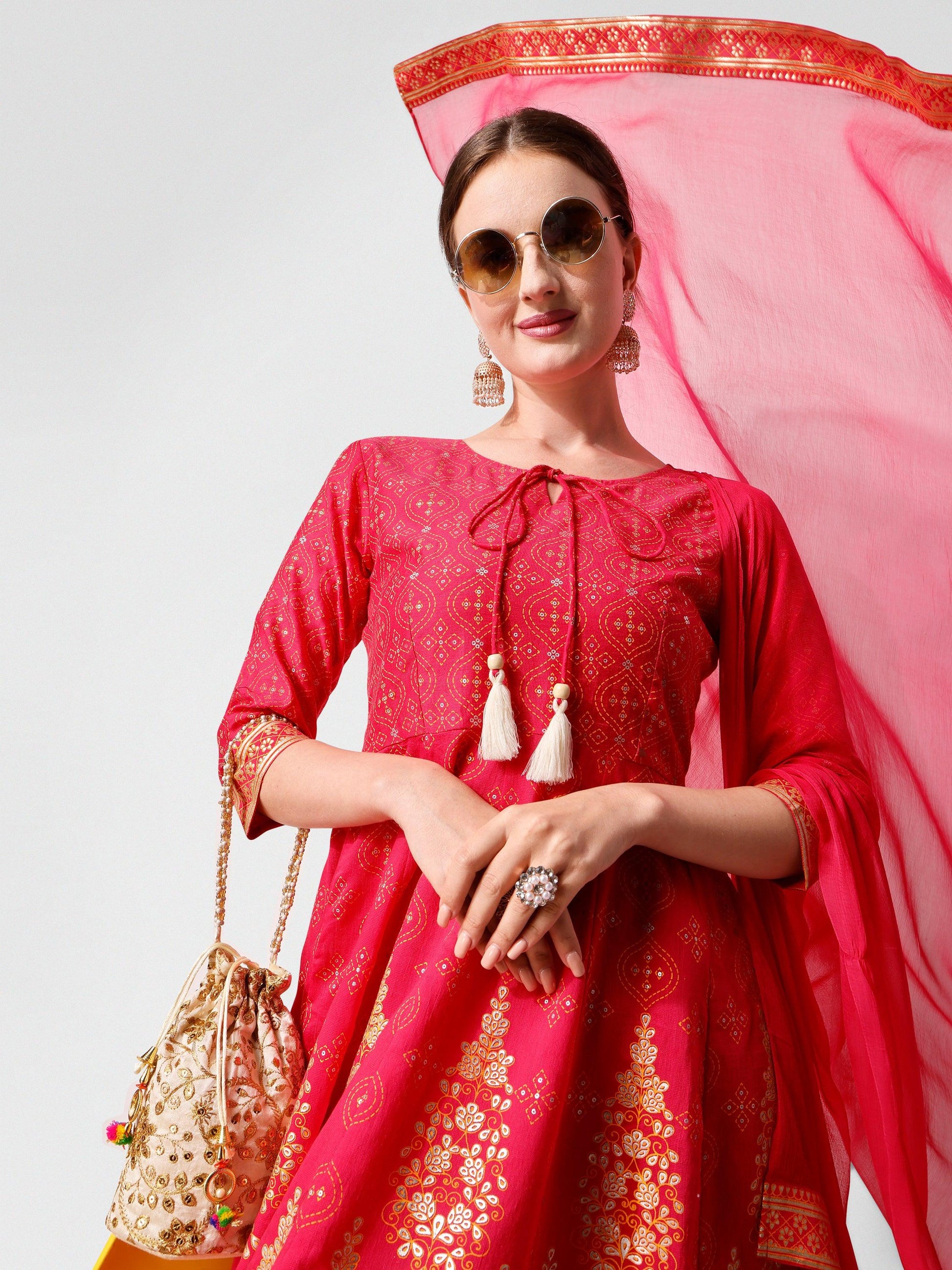 Anarkali Hot Printed Kurta Suit With Pant And Dupatta Set, Multicolor - Hiral Fashion