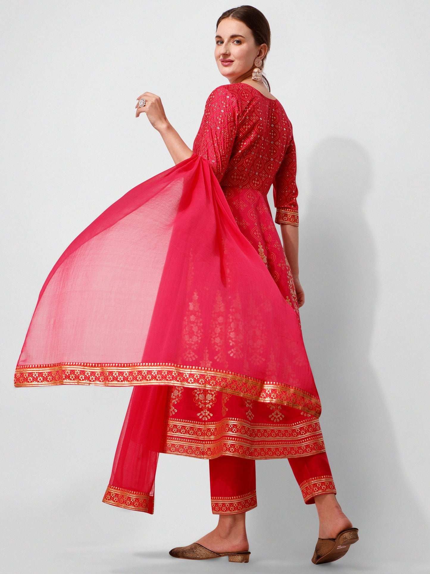 Anarkali Hot Printed Kurta Suit With Pant And Dupatta Set, Multicolor - Hiral Fashion