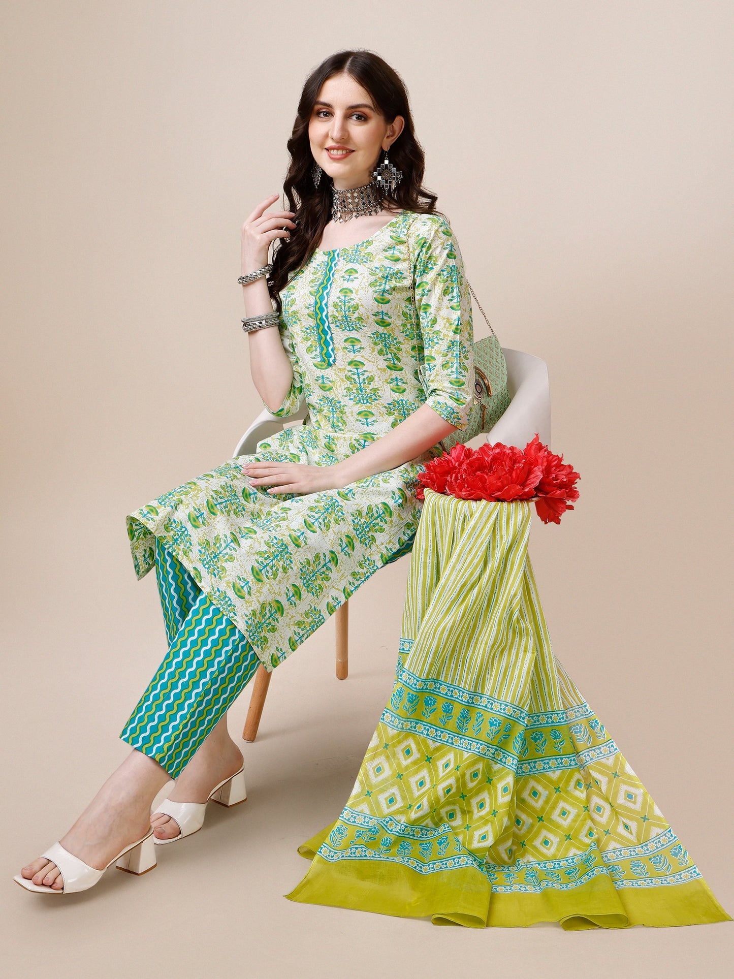 Block Printed Cotton Kurta With Pant And Dupatta Set, Multicolor - Hiral Fashion
