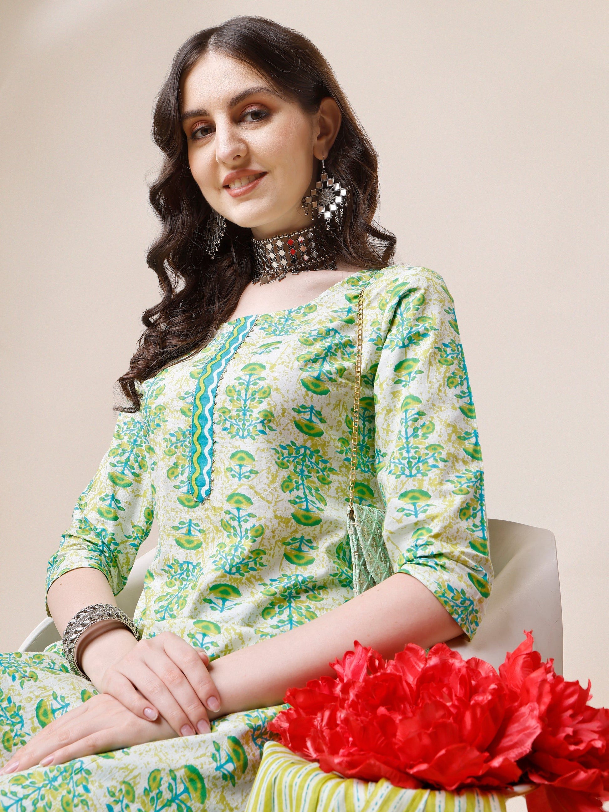 Block Printed Cotton Kurta With Pant And Dupatta Set, Multicolor - Hiral Fashion