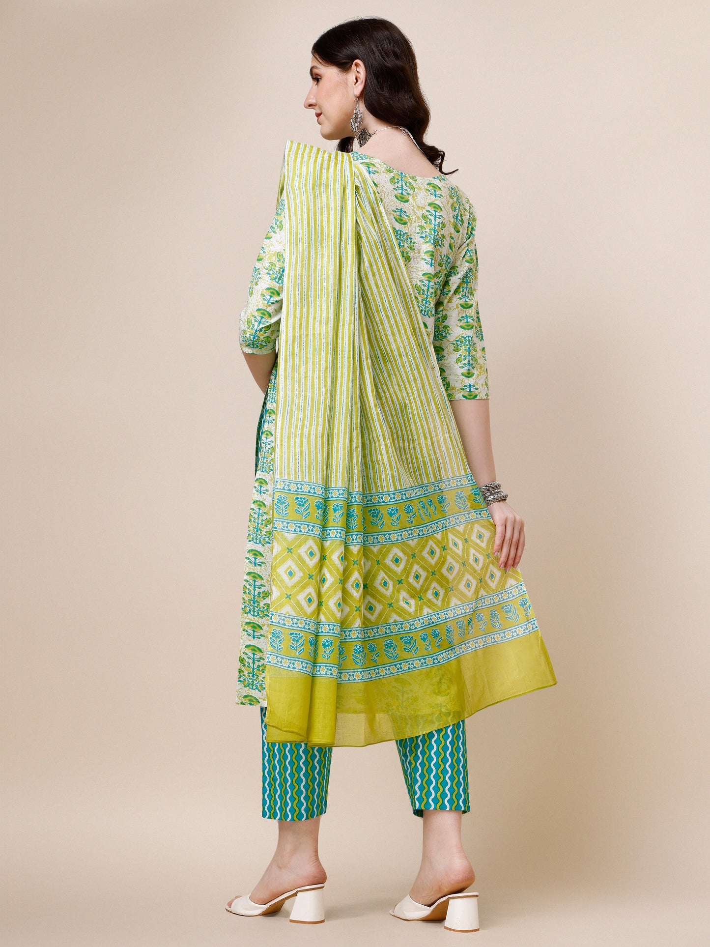 Block Printed Cotton Kurta With Pant And Dupatta Set, Multicolor - Hiral Fashion