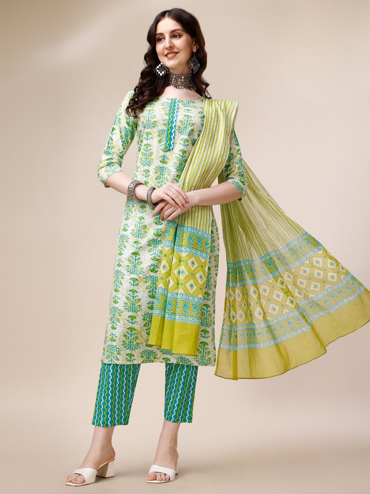 Block Printed Cotton Kurta With Pant And Dupatta Set, Multicolor - Hiral Fashion