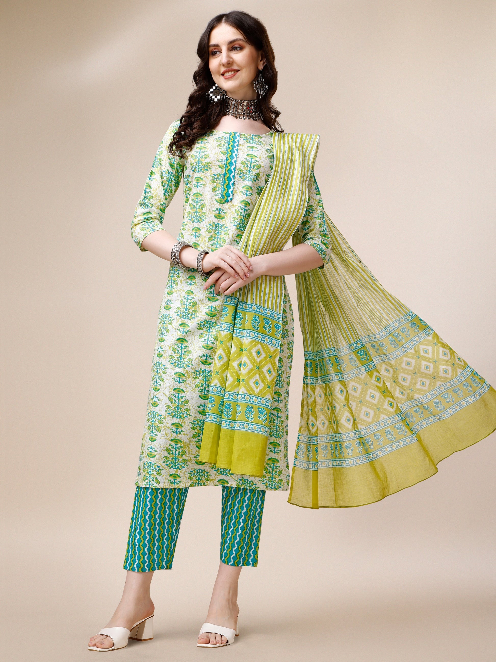 Block Printed Cotton Kurta With Pant And Dupatta Set, Multicolor - Hiral Fashion