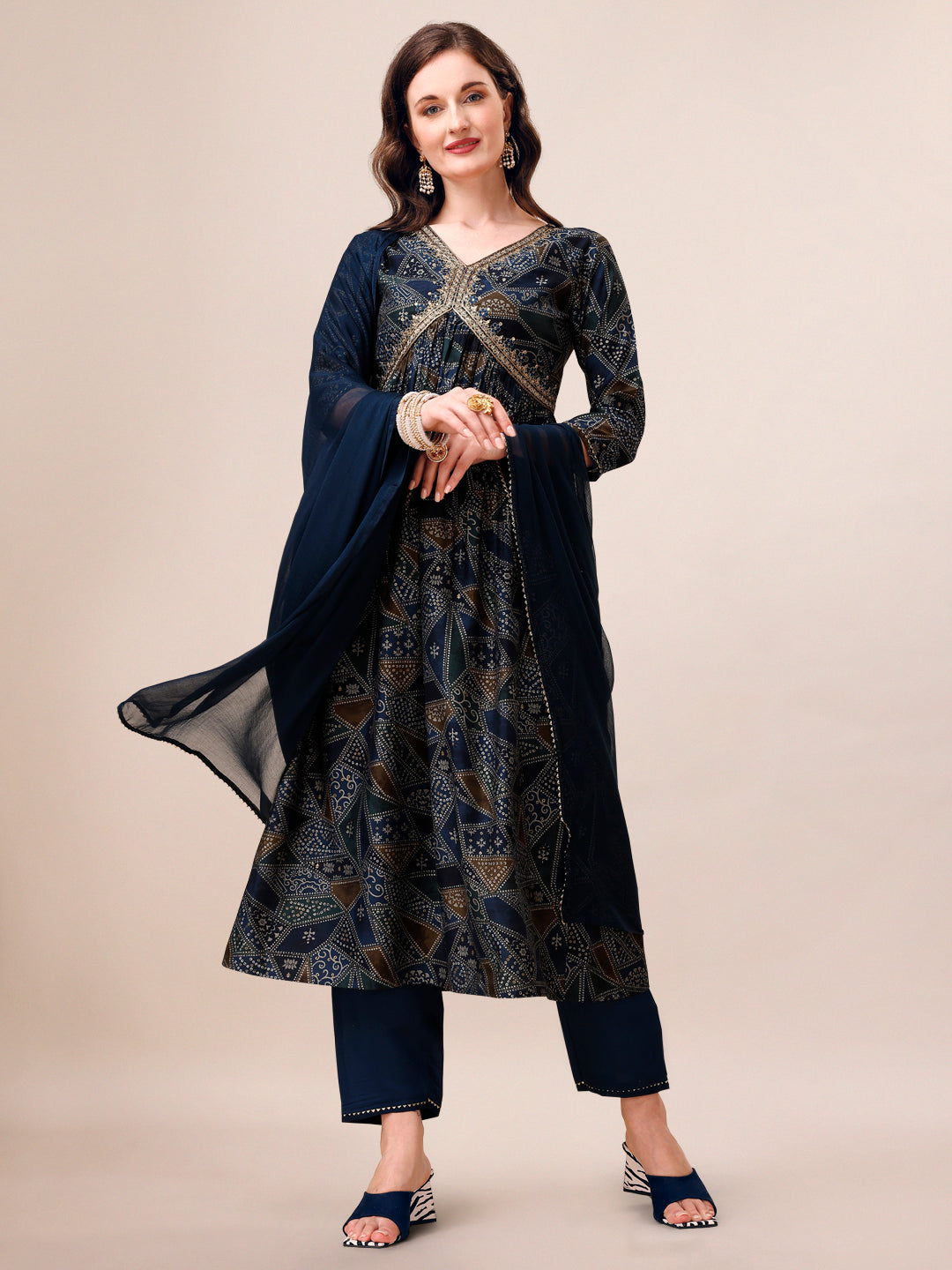 Alia Cut Printed & Embroidered Kurta With Pant & Dupatta Set, Multicolor - Hiral Fashion