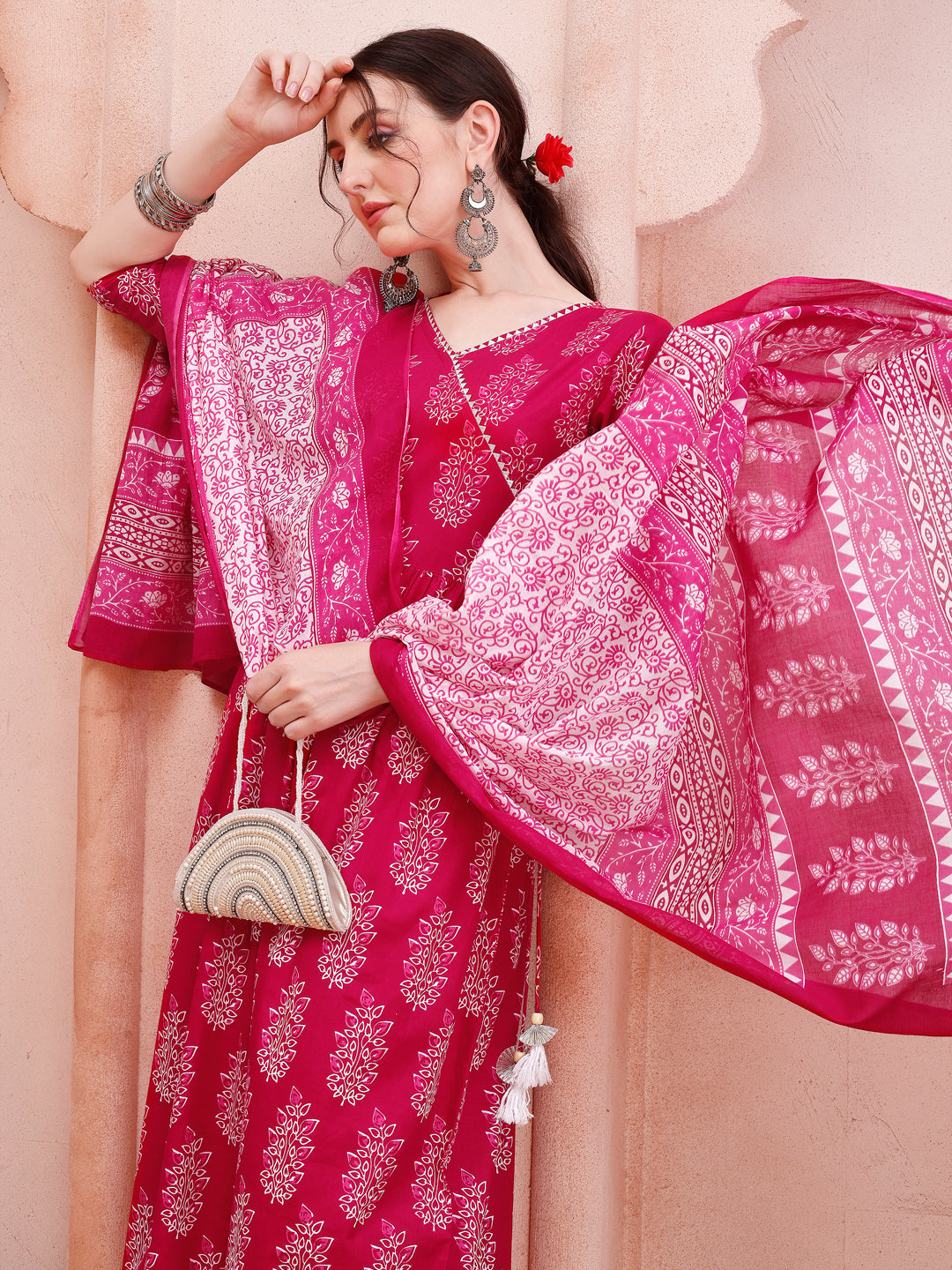 Angarakha Style Anarkali Printed Kurta With Pant And Dupatta Set, Multicolor - Hiral Fashion