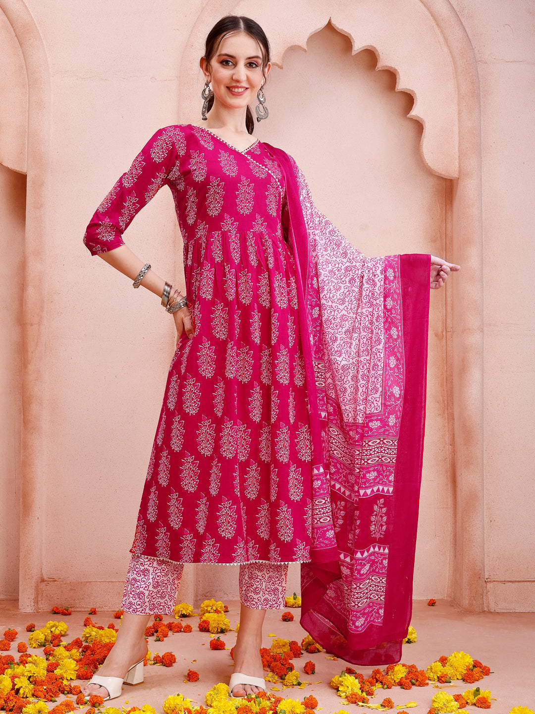 Angarakha Style Anarkali Printed Kurta With Pant And Dupatta Set, Multicolor - Hiral Fashion