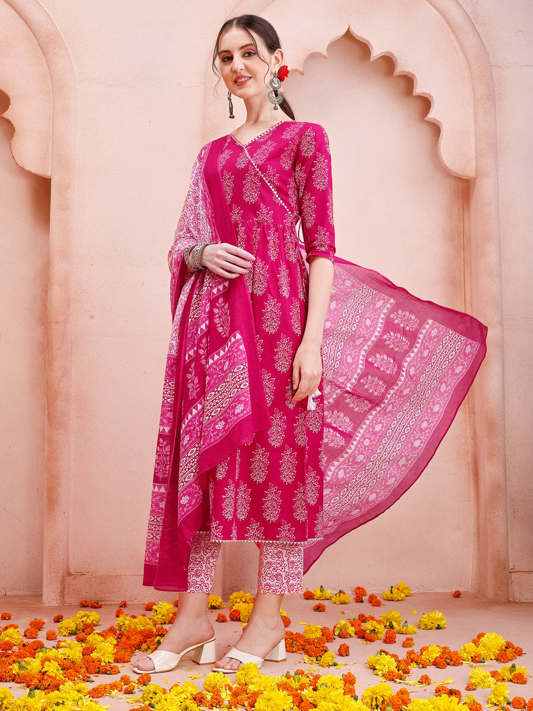 Angarakha Style Anarkali Printed Kurta With Pant And Dupatta Set, Multicolor - Hiral Fashion