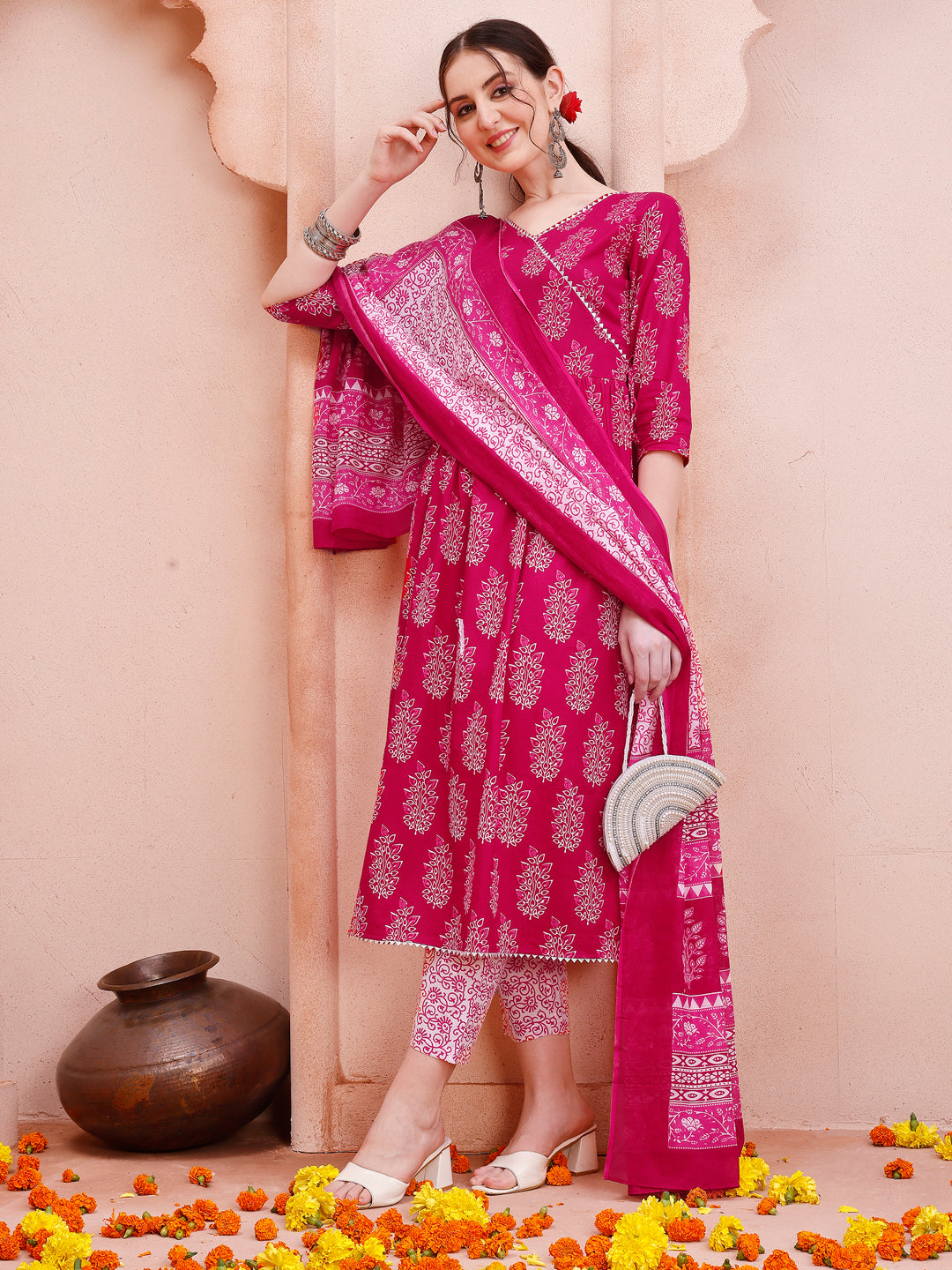Angarakha Style Anarkali Printed Kurta With Pant And Dupatta Set, Multicolor - Hiral Fashion