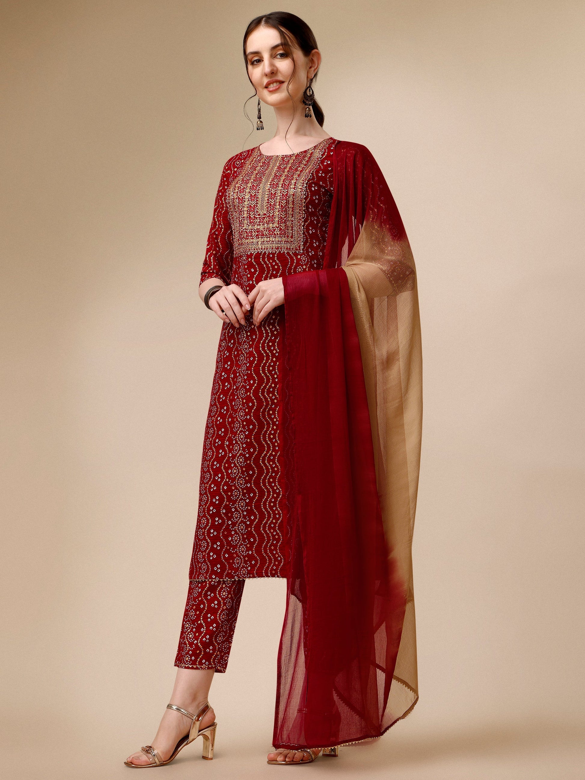Bandhni Printed & Embroidered Kurta With Pant And Dupatta Set, Multicolor - Hiral Fashion