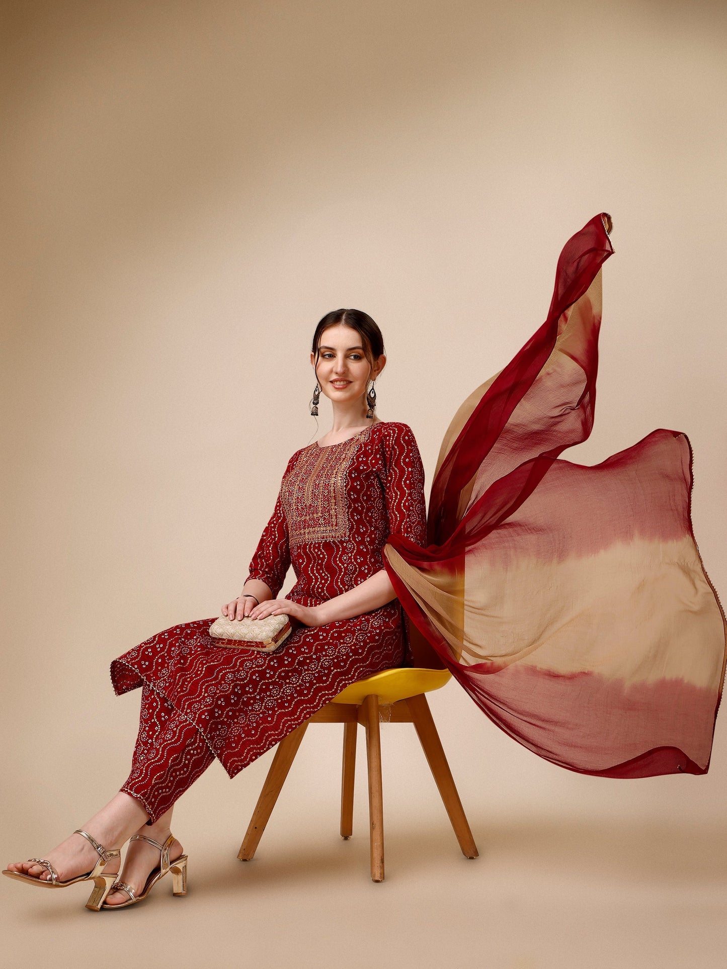 Bandhni Printed & Embroidered Kurta With Pant And Dupatta Set, Multicolor - Hiral Fashion
